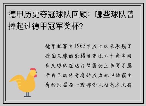 德甲历史夺冠球队回顾：哪些球队曾捧起过德甲冠军奖杯？